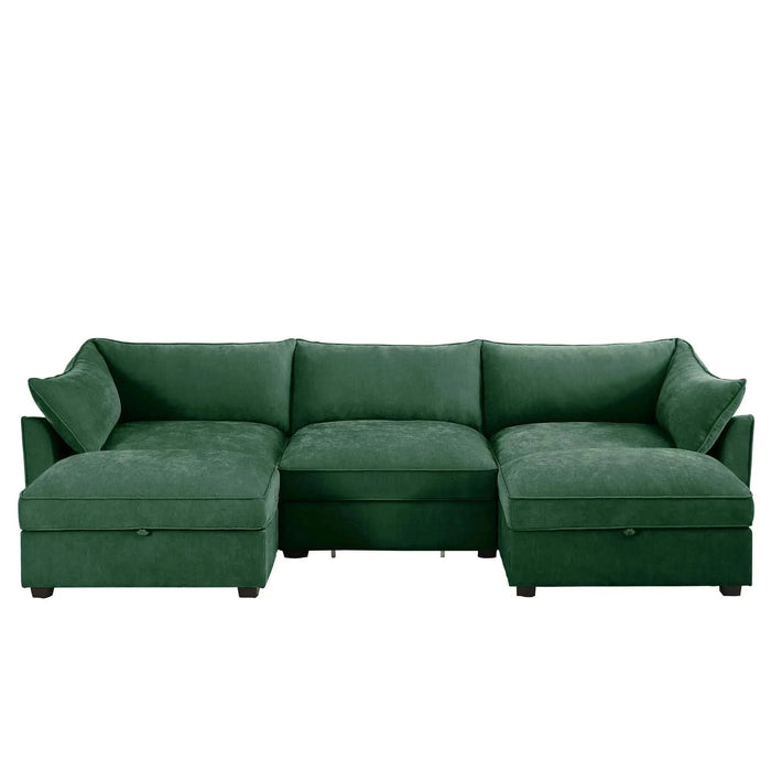 U Shape 3 Seater Deep Seat Sofa Couch with Ottomans,3-Seat Sofa with with 2 Movable Ottomans, Oversized Modular Sectional Sofa with Storage Pull out Drawer Under Each Seat,Chenille Green -DTYStore
