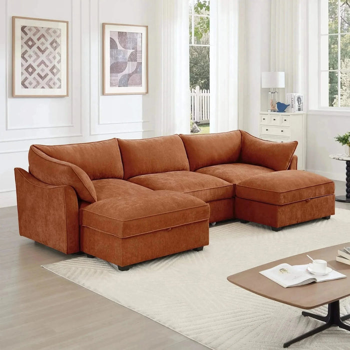 U Shape 3 Seater Deep Seat Sofa Couch with Ottomans,3-Seat Sofa with with 2 Movable Ottomans, Oversized Modular Sectional Sofa with Storage Pull out Drawer Under Each Seat,Chenille Orange -DTYStore
