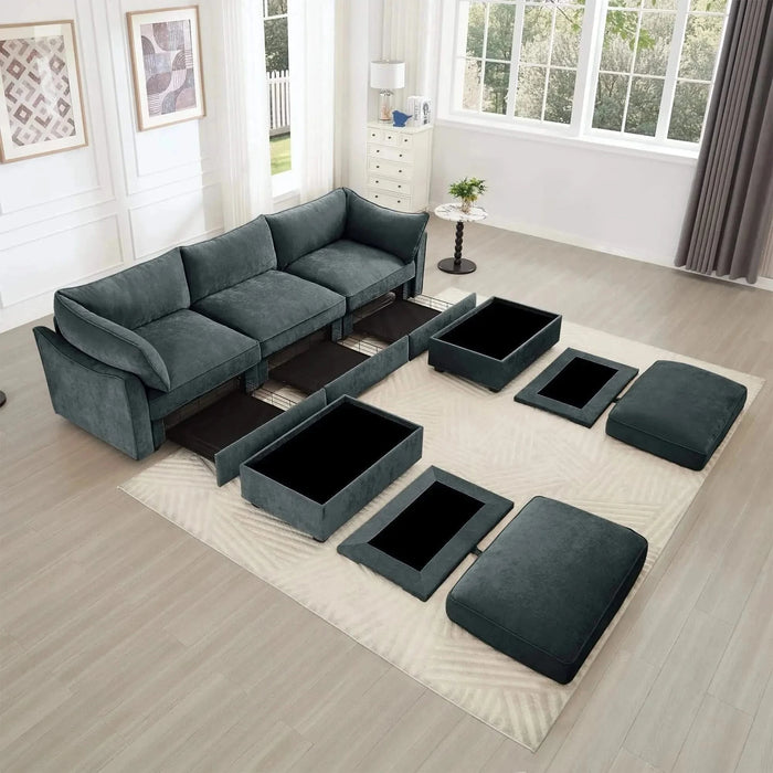 U Shape 3 Seater Deep Seat Sofa Couch with Ottomans,3-Seat Sofa with with 2 Movable Ottomans, Oversized Modular Sectional Sofa with Storage Pull out Drawer Under Each Seat,Chenille Gray -DTYStore