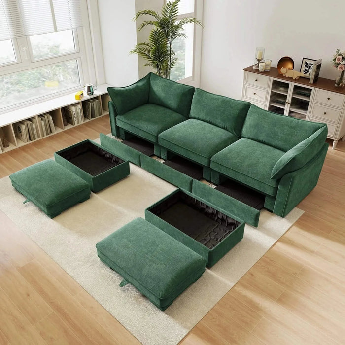 U Shape 3 Seater Deep Seat Sofa Couch with Ottomans,3-Seat Sofa with with 2 Movable Ottomans, Oversized Modular Sectional Sofa with Storage Pull out Drawer Under Each Seat,Chenille Green -DTYStore