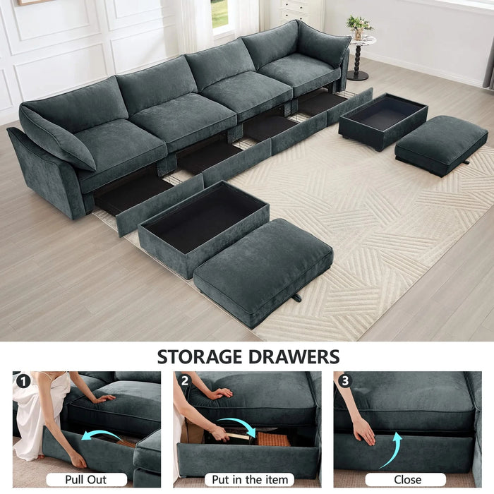 U Shape 4 Seater Deep Seat Sofa Couch with Ottomans,4-Seat Sofa with with 2 Movable Ottomans,, Oversized Modular Sectional Sofa with 6 Seats and Storage Pull out Drawer Under Each Seat,Chenille Gray -DTYStore