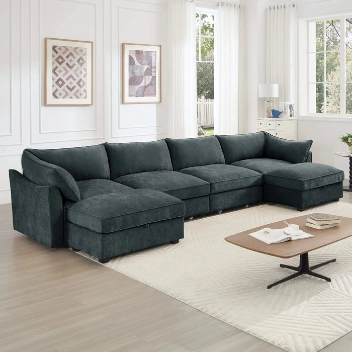 U Shape 4 Seater Deep Seat Sofa Couch with Ottomans,4-Seat Sofa with with 2 Movable Ottomans,, Oversized Modular Sectional Sofa with 6 Seats and Storage Pull out Drawer Under Each Seat,Chenille Gray -DTYStore