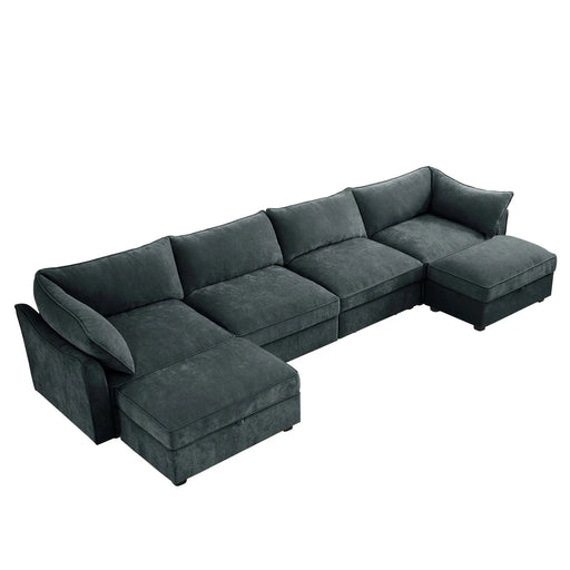 U Shape 4 Seater Deep Seat Sofa Couch with Ottomans,4-Seat Sofa with with 2 Movable Ottomans,, Oversized Modular Sectional Sofa with 6 Seats and Storage Pull out Drawer Under Each Seat,Chenille Gray -DTYStore