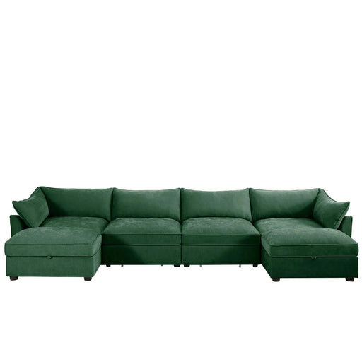 U Shape 4 Seater Deep Seat Sofa Couch with Ottomans,4-Seat Sofa with with 2 Movable Ottomans,, Oversized Modular Sectional Sofa with 6 Seats and Storage Pull out Drawer Under Each Seat,Chenille Green -DTYStore