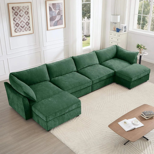 U Shape 4 Seater Deep Seat Sofa Couch with Ottomans,4-Seat Sofa with with 2 Movable Ottomans,, Oversized Modular Sectional Sofa with 6 Seats and Storage Pull out Drawer Under Each Seat,Chenille Green -DTYStore