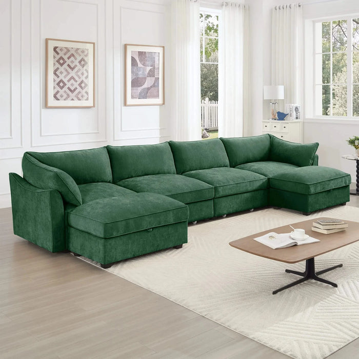 U Shape 4 Seater Deep Seat Sofa Couch with Ottomans,4-Seat Sofa with with 2 Movable Ottomans,, Oversized Modular Sectional Sofa with 6 Seats and Storage Pull out Drawer Under Each Seat,Chenille Green -DTYStore