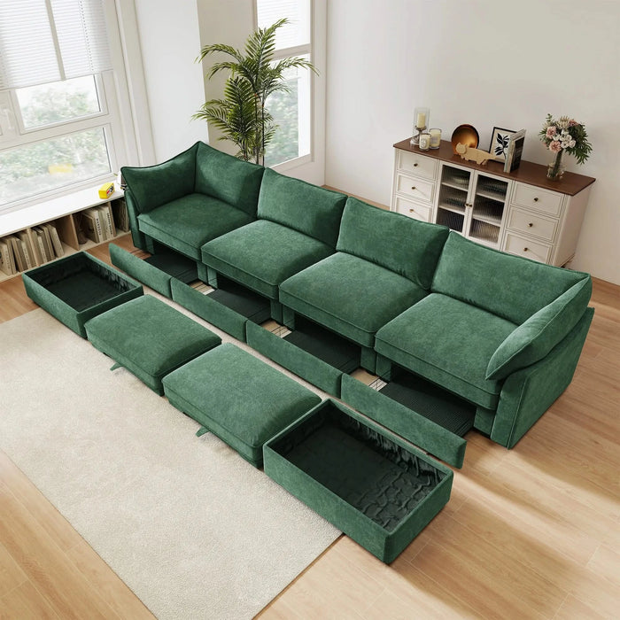 U Shape 4 Seater Deep Seat Sofa Couch with Ottomans,4-Seat Sofa with with 2 Movable Ottomans,, Oversized Modular Sectional Sofa with 6 Seats and Storage Pull out Drawer Under Each Seat,Chenille Green -DTYStore