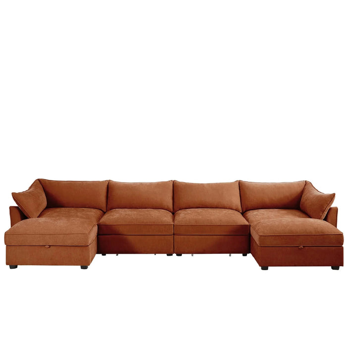 U Shape 4 Seater Deep Seat Sofa Couch with Ottomans,4-Seat Sofa with with 2 Movable Ottomans,, Oversized Modular Sectional Sofa with 6 Seats and Storage Pull out Drawer Under Each Seat,Chenille Orange -DTYStore