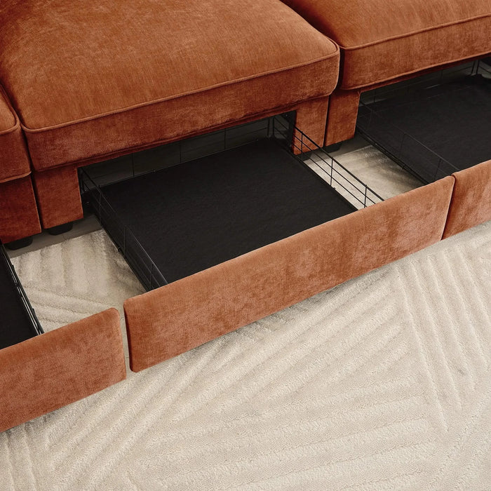 U Shape 4 Seater Deep Seat Sofa Couch with Ottomans,4-Seat Sofa with with 2 Movable Ottomans,, Oversized Modular Sectional Sofa with 6 Seats and Storage Pull out Drawer Under Each Seat,Chenille Orange -DTYStore