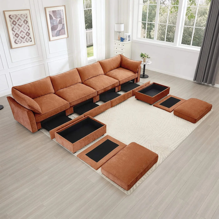 U Shape 4 Seater Deep Seat Sofa Couch with Ottomans,4-Seat Sofa with with 2 Movable Ottomans,, Oversized Modular Sectional Sofa with 6 Seats and Storage Pull out Drawer Under Each Seat,Chenille Orange -DTYStore
