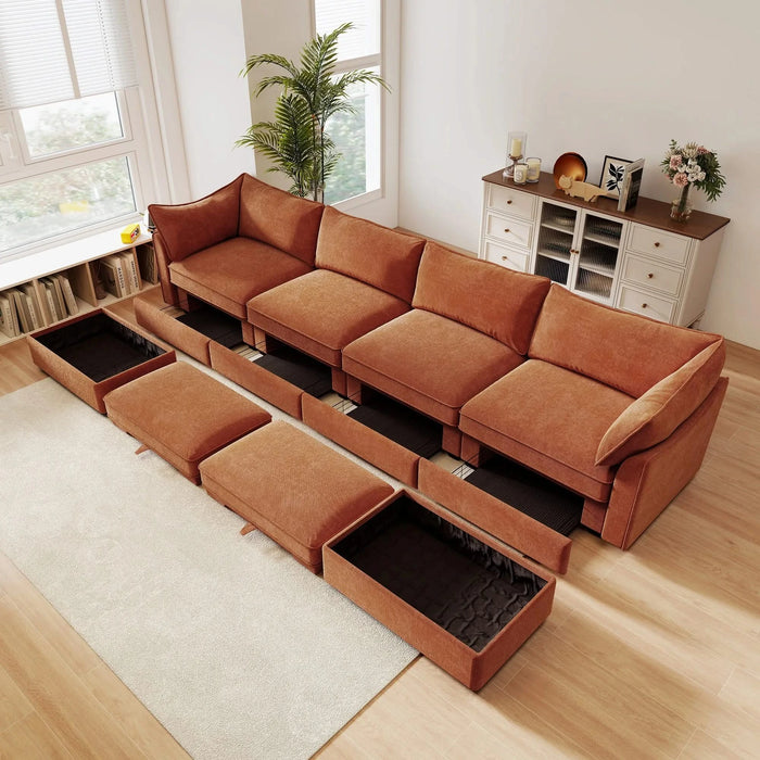 U Shape 4 Seater Deep Seat Sofa Couch with Ottomans,4-Seat Sofa with with 2 Movable Ottomans,, Oversized Modular Sectional Sofa with 6 Seats and Storage Pull out Drawer Under Each Seat,Chenille Orange -DTYStore