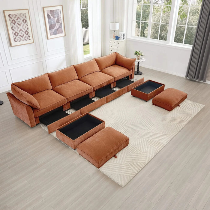 U Shape 4 Seater Deep Seat Sofa Couch with Ottomans,4-Seat Sofa with with 2 Movable Ottomans,, Oversized Modular Sectional Sofa with 6 Seats and Storage Pull out Drawer Under Each Seat,Chenille Orange -DTYStore