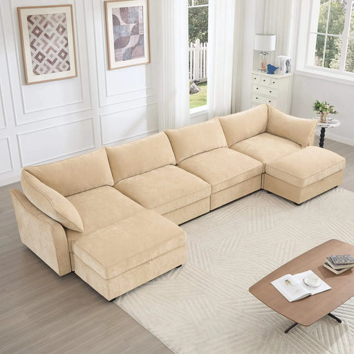 U Shape 4 Seater Deep Seat Sofa Couch with Ottomans,4-Seat Sofa with with 2 Movable Ottomans,, Oversized Modular Sectional Sofa with 6 Seats and Storage Pull out Drawer Under Each Seat,Chenille Wheat -DTYStore