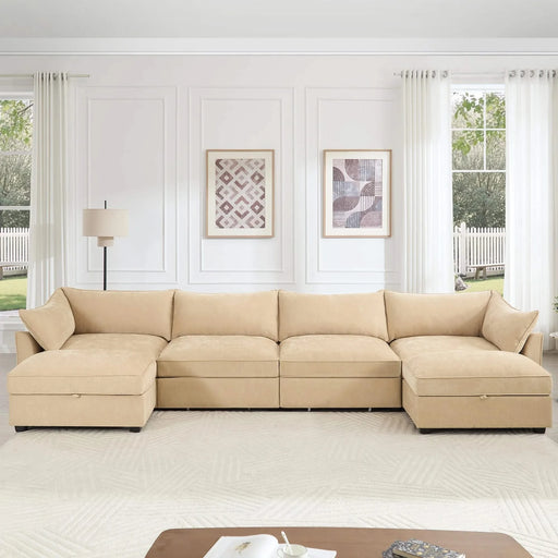 U Shape 4 Seater Deep Seat Sofa Couch with Ottomans,4-Seat Sofa with with 2 Movable Ottomans,, Oversized Modular Sectional Sofa with 6 Seats and Storage Pull out Drawer Under Each Seat,Chenille Wheat -DTYStore