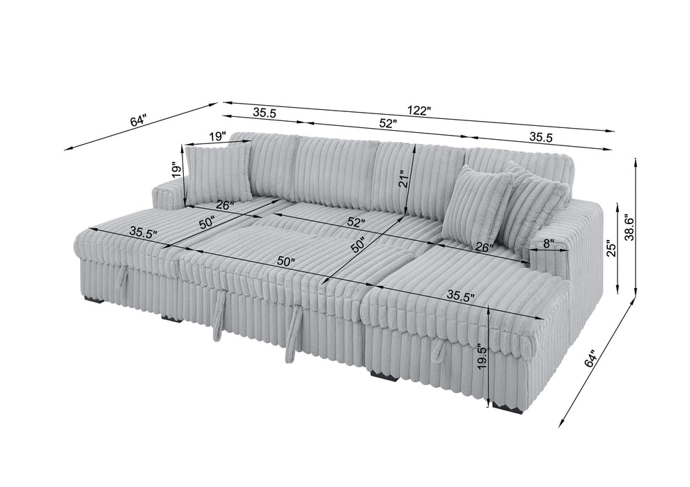 U Shaped Sleeper Sofa, 122 inch Overisze - 2 in 1 Pull Out Bed, Sectional Sleeper Sofa with Double Storage Chaise for Living Room, Rabbit plush Corduroy Fabric Couch, Grey Default -DTYStore