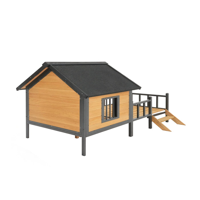 Unique All-Around Iron Frame,Outdoor Large Wooden Cabin House Style Wooden Dog Kennel with Porch Default -DTYStore