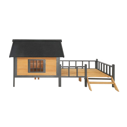 Unique All-Around Iron Frame,Outdoor Large Wooden Cabin House Style Wooden Dog Kennel with Porch Default -DTYStore