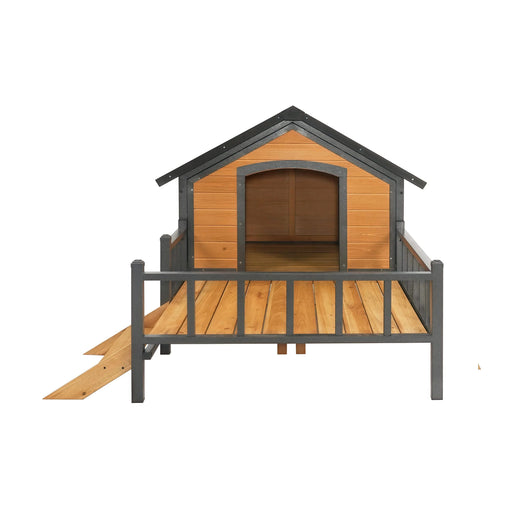 Unique All-Around Iron Frame,Outdoor Large Wooden Cabin House Style Wooden Dog Kennel with Porch Default -DTYStore