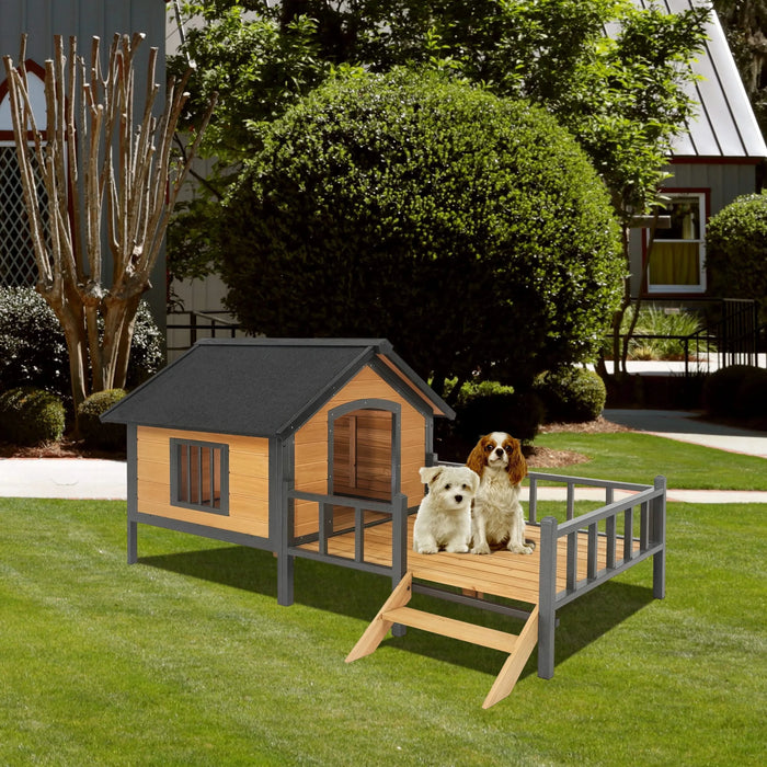 Unique All-Around Iron Frame,Outdoor Large Wooden Cabin House Style Wooden Dog Kennel with Porch Default -DTYStore