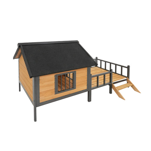 Unique All-Around Iron Frame,Outdoor Large Wooden Cabin House Style Wooden Dog Kennel with Porch Default -DTYStore