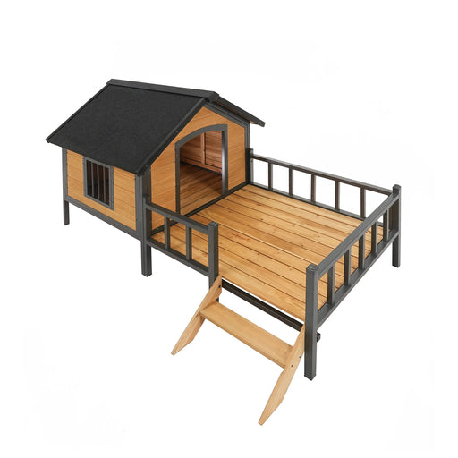 Unique All-Around Iron Frame,Outdoor Large Wooden Cabin House Style Wooden Dog Kennel with Porch Default -DTYStore