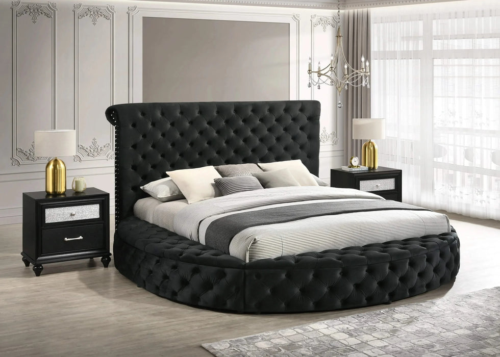 Unique Round Plush Black Velvet Button-Tufted Detailing Storage Bed Queen Size Black 2x Nightstands Wooden Bedroom Furniture 3pc Set Default -DTYStore