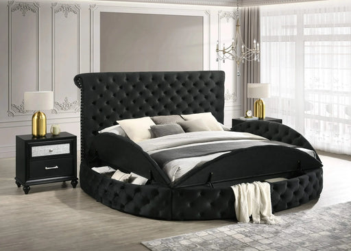 Unique Round Plush Black Velvet Button-Tufted Detailing Storage Bed Queen Size Black 2x Nightstands Wooden Bedroom Furniture 3pc Set Default -DTYStore