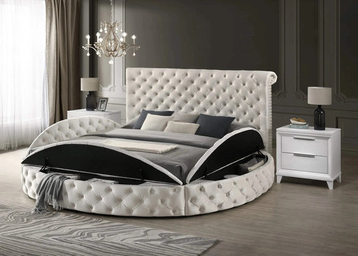 Unique Round Plush Ivory Velvet Button-Tufted Detailing Storage Bed Queen Size White 2x Nightstands Wooden Bedroom Furniture 3pc Set Default -DTYStore