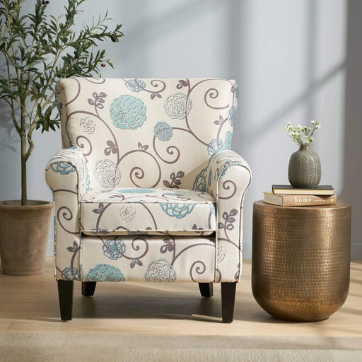 Upholstered Chair with Floral Pattern Design and Solid Wood Legs, Multi Color Default -DTYStore