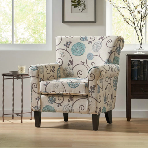 Upholstered Chair with Floral Pattern Design and Solid Wood Legs, Multi Color Default -DTYStore
