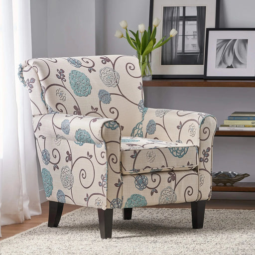 Upholstered Chair with Floral Pattern Design and Solid Wood Legs, Multi Color Default -DTYStore