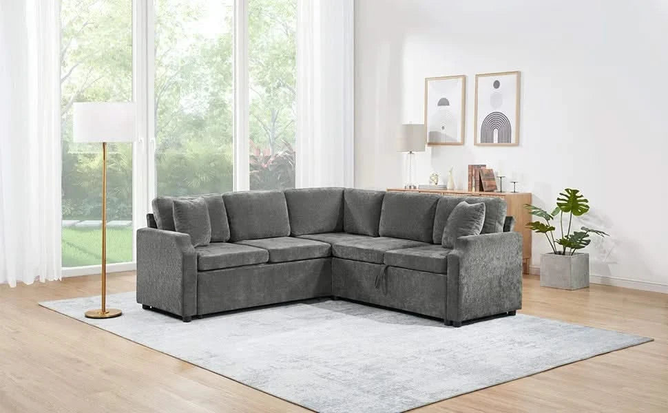 Upholstered L-shaped Sectional Sofa Bed with Sleeper and Storage, Gray Chenille, 81.9' Default -DTYStore