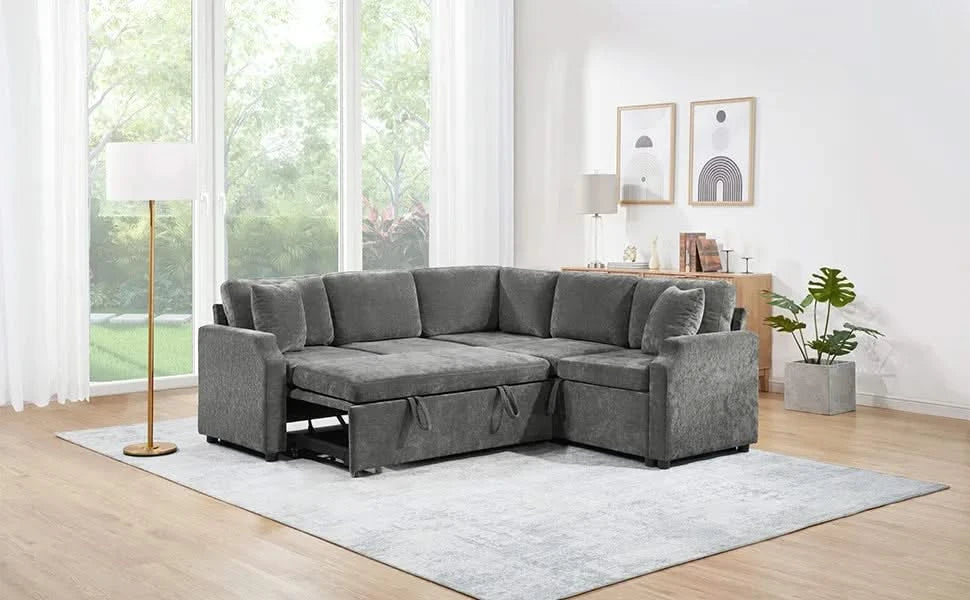 Upholstered L-shaped Sectional Sofa Bed with Sleeper and Storage, Gray Chenille, 81.9' Default -DTYStore