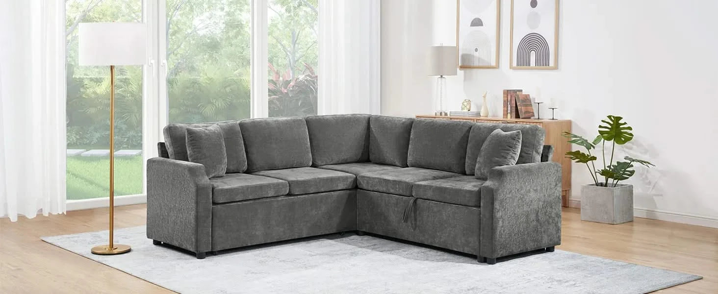 Upholstered L-shaped Sectional Sofa Bed with Sleeper and Storage, Gray Chenille, 81.9' Default -DTYStore