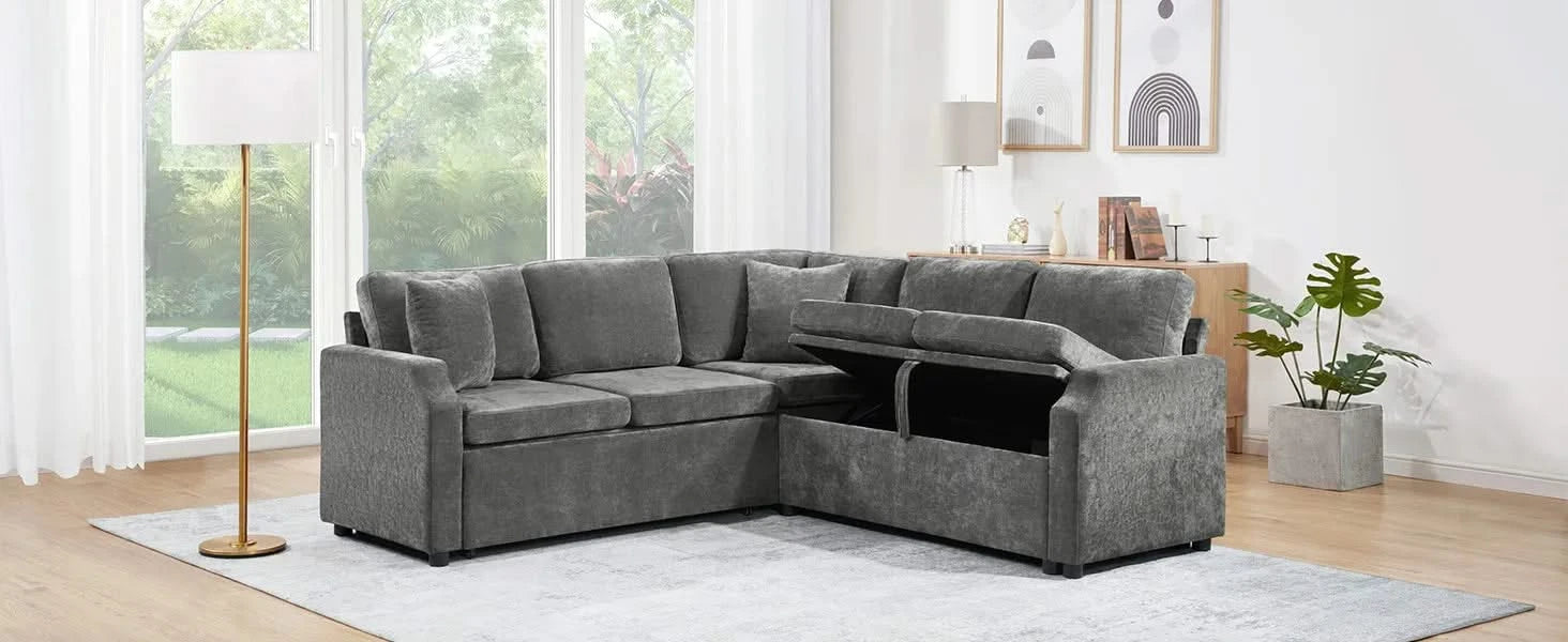 Upholstered L-shaped Sectional Sofa Bed with Sleeper and Storage, Gray Chenille, 81.9' Default -DTYStore
