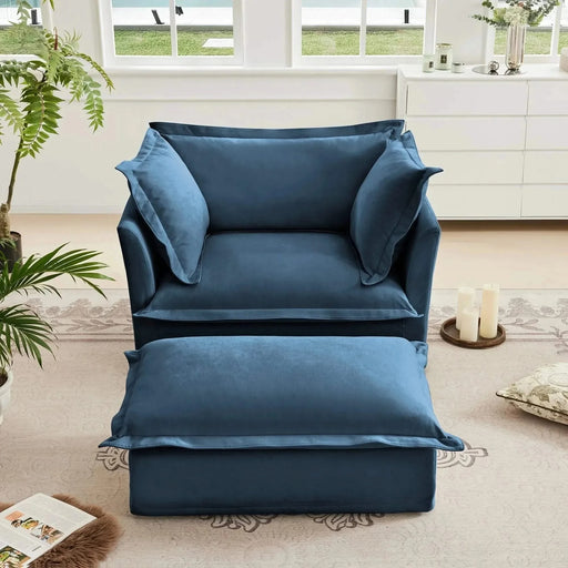 Upholstered Slipcovered Armchair with Ottoman, Deep Seat Wide Ottoman Armchair Set Blue -DTYStore