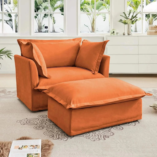 Upholstered Slipcovered Armchair with Ottoman, Deep Seat Wide Ottoman Armchair Set Orange -DTYStore