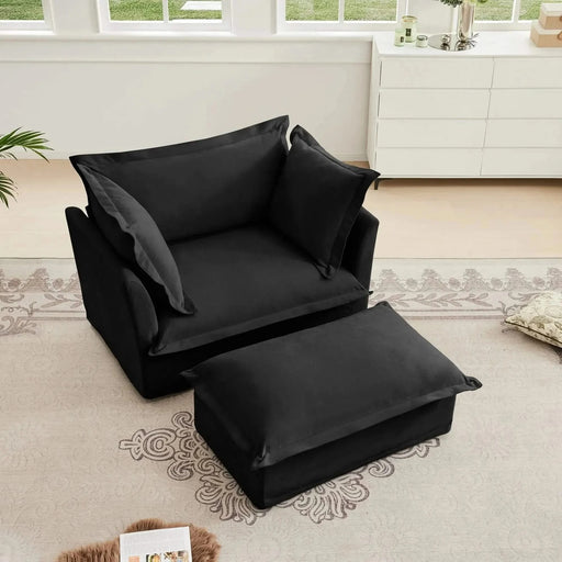 Upholstered Slipcovered Armchair with Ottoman, Deep Seat Wide Ottoman Armchair Set Black -DTYStore