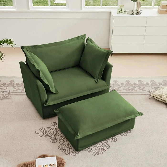 Upholstered Slipcovered Armchair with Ottoman, Deep Seat Wide Ottoman Armchair Set Green -DTYStore