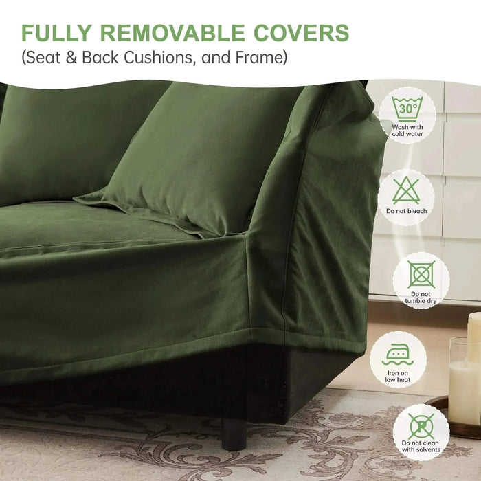 Upholstered Slipcovered Armchair with Ottoman, Deep Seat Wide Ottoman Armchair Set Green -DTYStore