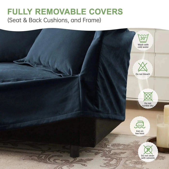 Upholstered Slipcovered Armchair with Ottoman, Deep Seat Wide Ottoman Armchair Set Blue -DTYStore