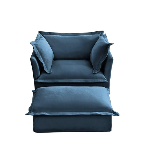 Upholstered Slipcovered Armchair with Ottoman, Deep Seat Wide Ottoman Armchair Set Blue -DTYStore
