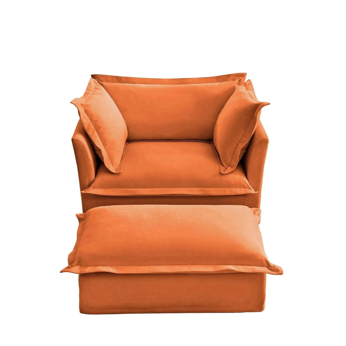 Upholstered Slipcovered Armchair with Ottoman, Deep Seat Wide Ottoman Armchair Set Orange -DTYStore