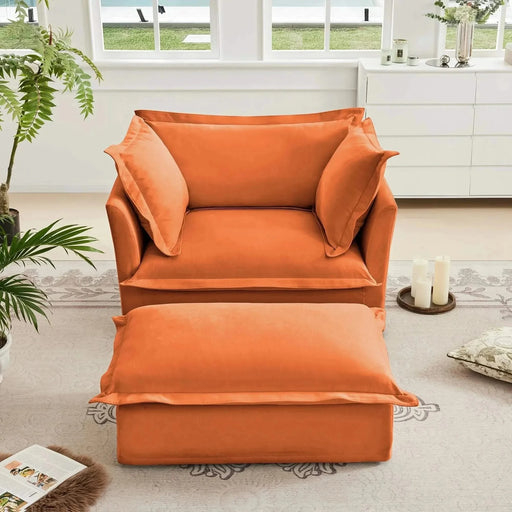 Upholstered Slipcovered Armchair with Ottoman, Deep Seat Wide Ottoman Armchair Set Orange -DTYStore