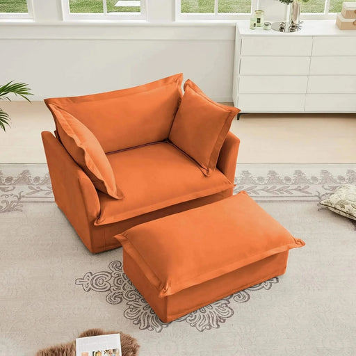 Upholstered Slipcovered Armchair with Ottoman, Deep Seat Wide Ottoman Armchair Set Orange -DTYStore