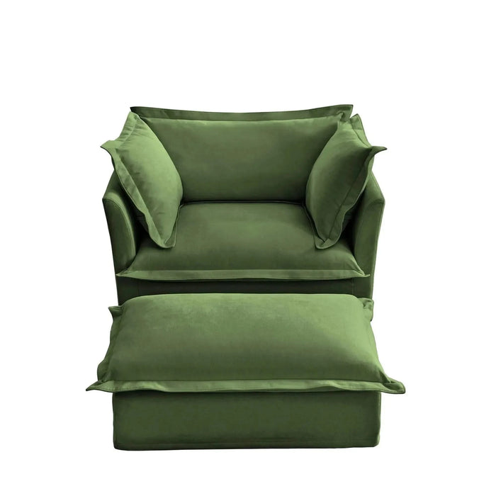Upholstered Slipcovered Armchair with Ottoman, Deep Seat Wide Ottoman Armchair Set Green -DTYStore