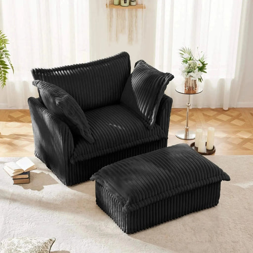 Upholstered Slipcovered Armchair with Ottoman, Deep Seat Armchair W/ Wide Ottoman for Living Room, Armchair Sets with Large Soft Pillows(Set of 2)Corduroy Fabric Black -DTYStore