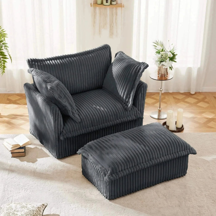 Upholstered Slipcovered Armchair with Ottoman, Deep Seat Armchair W/ Wide Ottoman for Living Room, Armchair Sets with Large Soft Pillows(Set of 2)Corduroy Fabric Gray -DTYStore