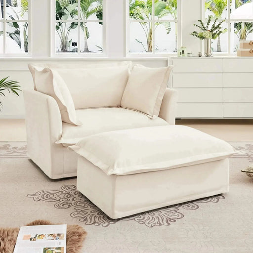 Upholstered Slipcovered Armchair with Ottoman, Deep Seat Armchair W/ Wide Ottoman for Living Room, Armchair Sets with Large Soft Pillows(Set of 2)Corduroy Fabric Cream -DTYStore