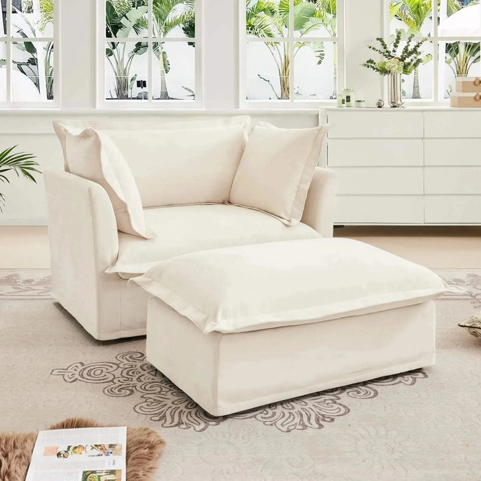 Upholstered Slipcovered Armchair with Ottoman, Deep Seat Armchair W/ Wide Ottoman for Living Room, Armchair Sets with Large Soft Pillows(Set of 2)Corduroy Fabric Cream -DTYStore